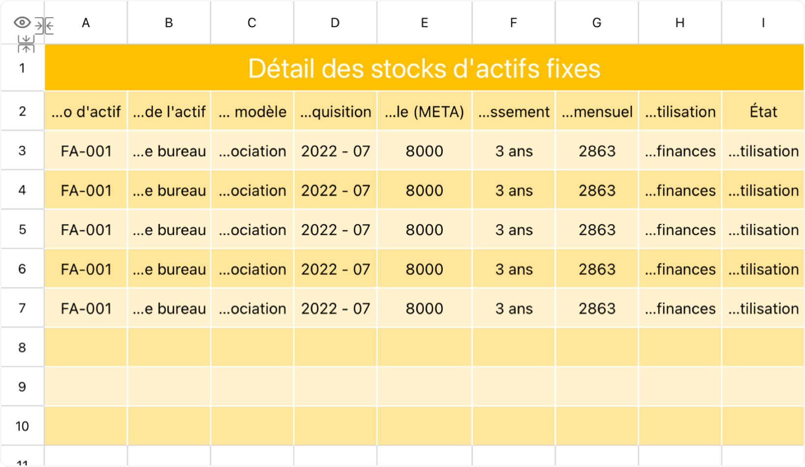 Détail des stocks d'actifs fixes